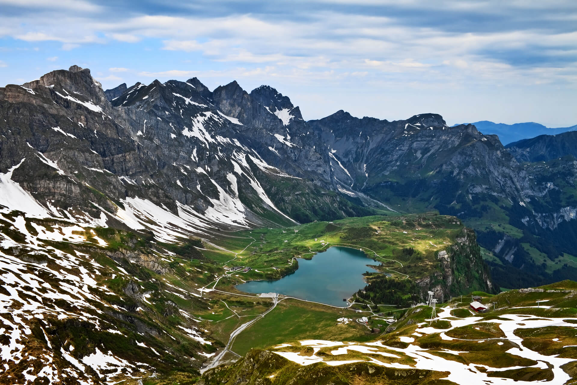 View of Engelberg valley and lake Trubsee from Mount Titlis Switzerland